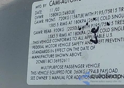 2003 Chevrolet Tracker из США, поврежденный, VIN 2CNBE18C136952611